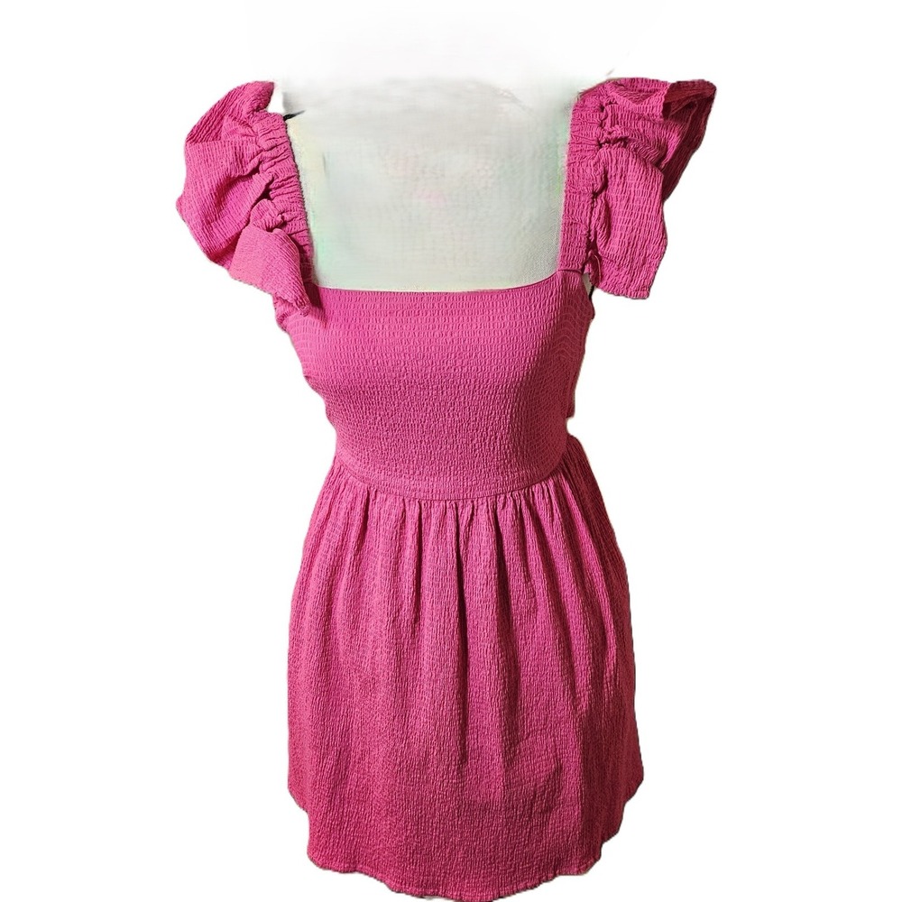 Mi Ami Pink Crinkle Gauze Mini Dress Square Neck Open Tie Back Ruffle Small